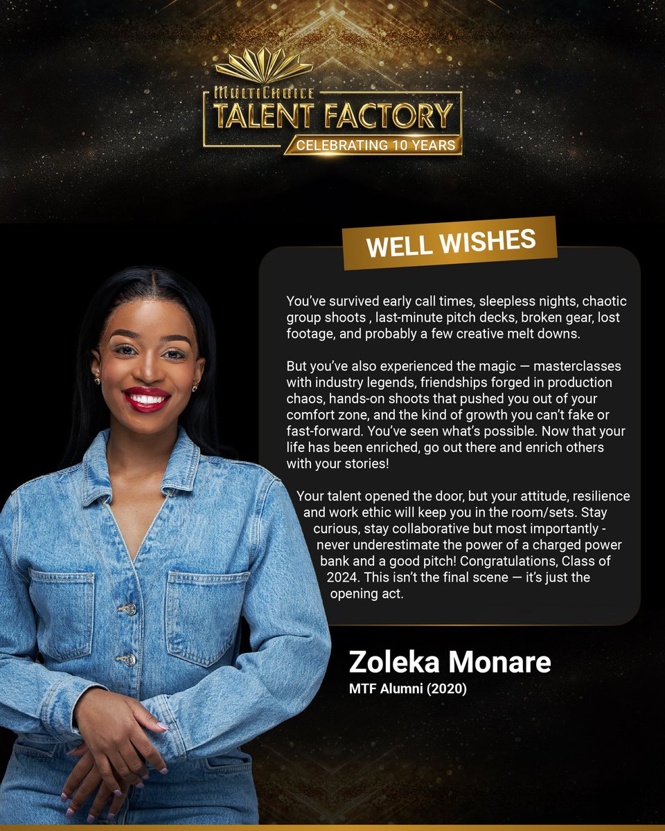 Talent Factory (@mctalentfactory) on Twitter photo 🎬To the class of 2024, a message from someone who's walked this road before:
MTF alumna Zoleka Monare shares heartfelt words of wisdom, reminding you that this moment isn't the end, it's just the opening act.
From creative chaos to personal growth, you've earned this! 🎓🧡 🎬To the class of 2024, a message from someone who's walked this road before:
MTF alumna Zoleka Monare shares heartfelt words of wisdom, reminding you that this moment isn't the end, it's just the opening act.
From creative chaos to personal growth, you've earned this! 🎓🧡