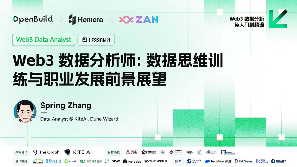 OpenBuild (@openbuildxyz) on Twitter photo <a href="/wyeeeh/">w.yeeeh</a> <a href="/sankin_eth/">做表人小郭</a> <a href="/zan_team/">ZAN</a> <a href="/ChenXuan_C/">Ambition</a> <a href="/HemeraProtocol/">Hemera | We are hiring!</a> <a href="/patrickshuoshan/">godshan.eth (🌞,🌞) .scan</a> <a href="/alik_im/">alikim.eth</a> Web3 数据分析课第8讲【Web3 数据分析师职业发展前景展望】
最后一节课将聚焦 Web3 数据分析师的职业发展、行业前景、能力路径和求职建议,由 KiteAI <a href="/GoKiteAI/">KITE AI</a> 数据分析师Spring Zhang <a href="/superamscom/">Spring</a> 老师分享一线从业经验
如果你想进一步拓展视野、了解数据分析师的未来机会,赶紧来听课! <a href="/wyeeeh/">w.yeeeh</a> <a href="/sankin_eth/">做表人小郭</a> <a href="/zan_team/">ZAN</a> <a href="/ChenXuan_C/">Ambition</a> <a href="/HemeraProtocol/">Hemera | We are hiring!</a> <a href="/patrickshuoshan/">godshan.eth (🌞,🌞) .scan</a> <a href="/alik_im/">alikim.eth</a> Web3 数据分析课第8讲【Web3 数据分析师职业发展前景展望】
最后一节课将聚焦 Web3 数据分析师的职业发展、行业前景、能力路径和求职建议,由 KiteAI <a href="/GoKiteAI/">KITE AI</a> 数据分析师Spring Zhang <a href="/superamscom/">Spring</a> 老师分享一线从业经验
如果你想进一步拓展视野、了解数据分析师的未来机会,赶紧来听课!