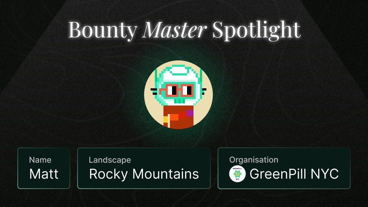 Atlantis 🔱 (@atlantis_p2p) on Twitter photo 🌟 Bounty Master Spotlight 🌟
Today we spotlight <a href="/MattyCompost/">Matty Compost</a>, an OG GreenPill builder and Moloch slayer! 💊🌱
From @GreenpillNYC to <a href="/greenpillnet/">greenpill.network</a>, <a href="/GreenpillWrites/">Greenpill Writers Guild</a> to the GP Dev Guild, Matt’s across the board, supporting the Greenpill NFT campaign with heart, thought, and 🌟 Bounty Master Spotlight 🌟
Today we spotlight <a href="/MattyCompost/">Matty Compost</a>, an OG GreenPill builder and Moloch slayer! 💊🌱
From @GreenpillNYC to <a href="/greenpillnet/">greenpill.network</a>, <a href="/GreenpillWrites/">Greenpill Writers Guild</a> to the GP Dev Guild, Matt’s across the board, supporting the Greenpill NFT campaign with heart, thought, and