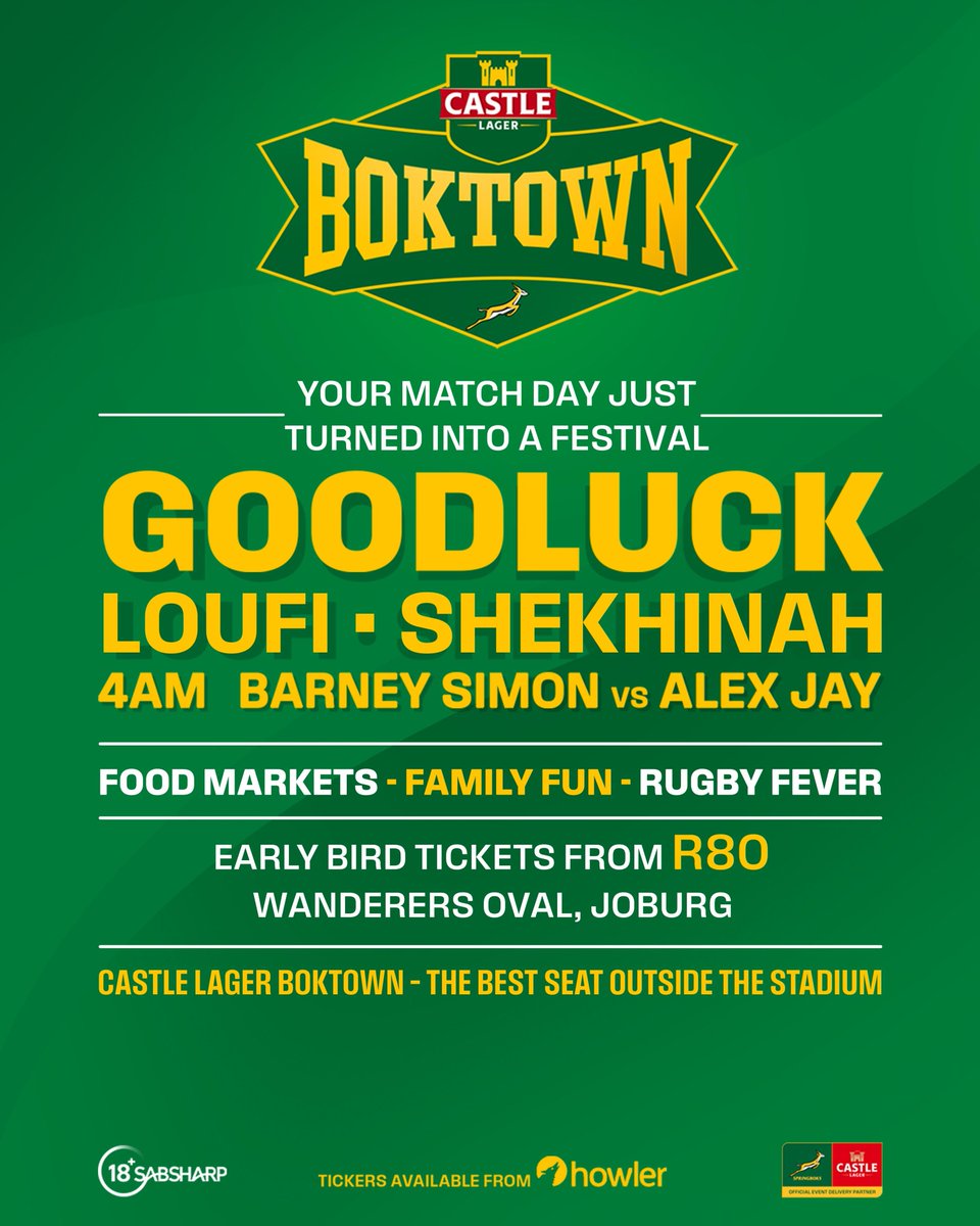 Joburg, are you ready!?​

Castle Lager Boktown is coming to Wanderers on the 28th of June!​

Join us for a massive day out with Live music, food, Bok-legends and BIG screens. It's how we're made!​

Live: GoodLuck, Shekinah, Loufi, 4am.band + DJ battle, food