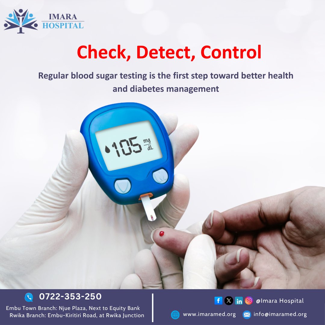 ImaraHospital's tweet photo. When it comes to your health, numbers matter!
Your blood sugar reading isn’t just a number — it’s a powerful clue about your overall health.
Regular checks help detect early signs of diabetes and keep it under control.
Visit us to know your numbers.
📞0722-353-250 https://t.co/VZ5YLLgelm