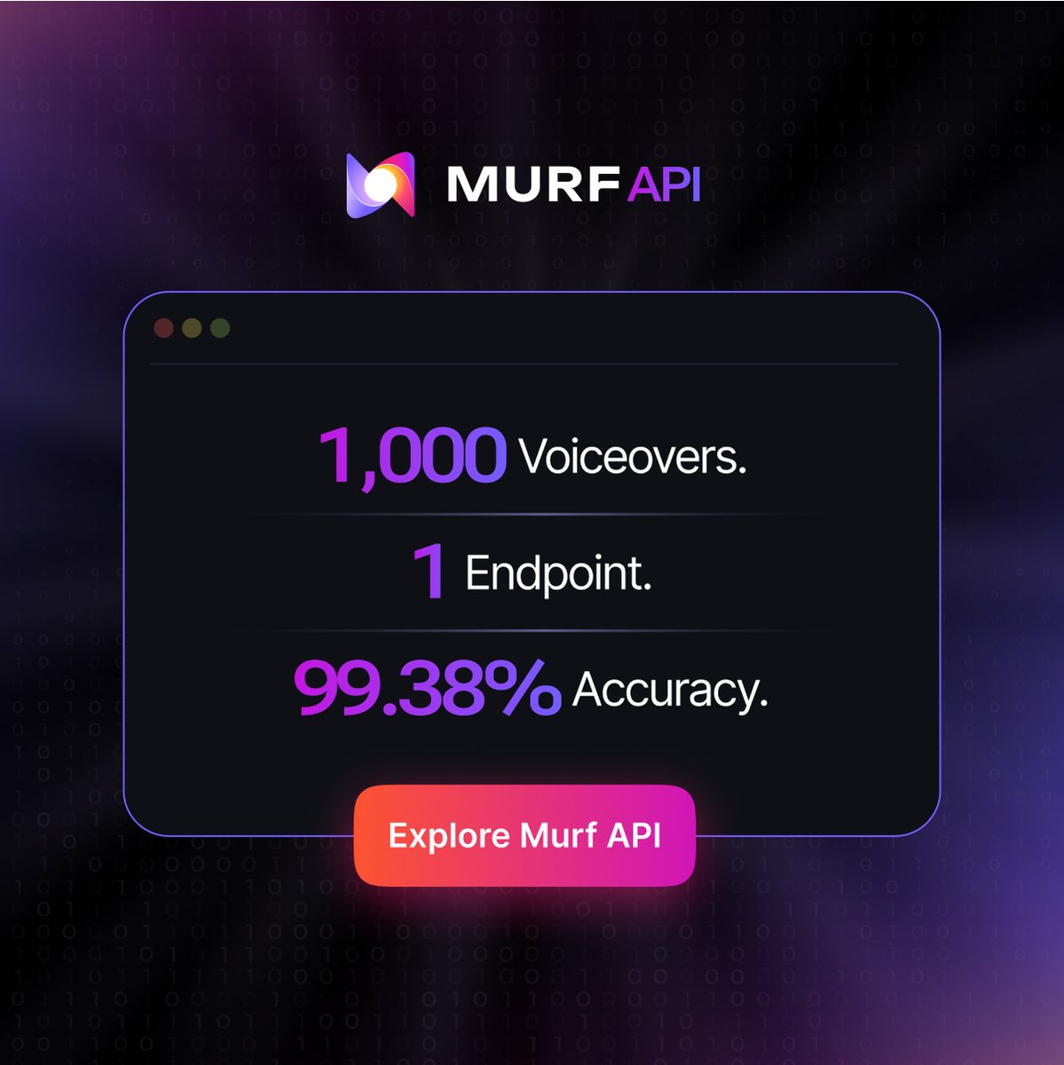 MurfAIStudio's tweet image. Why stop at 1000?
Ship voice generation like you ship code.
One API call. Studio-quality output with an industry-leading 99.38% pronunciation accuracy.
#murfapi
