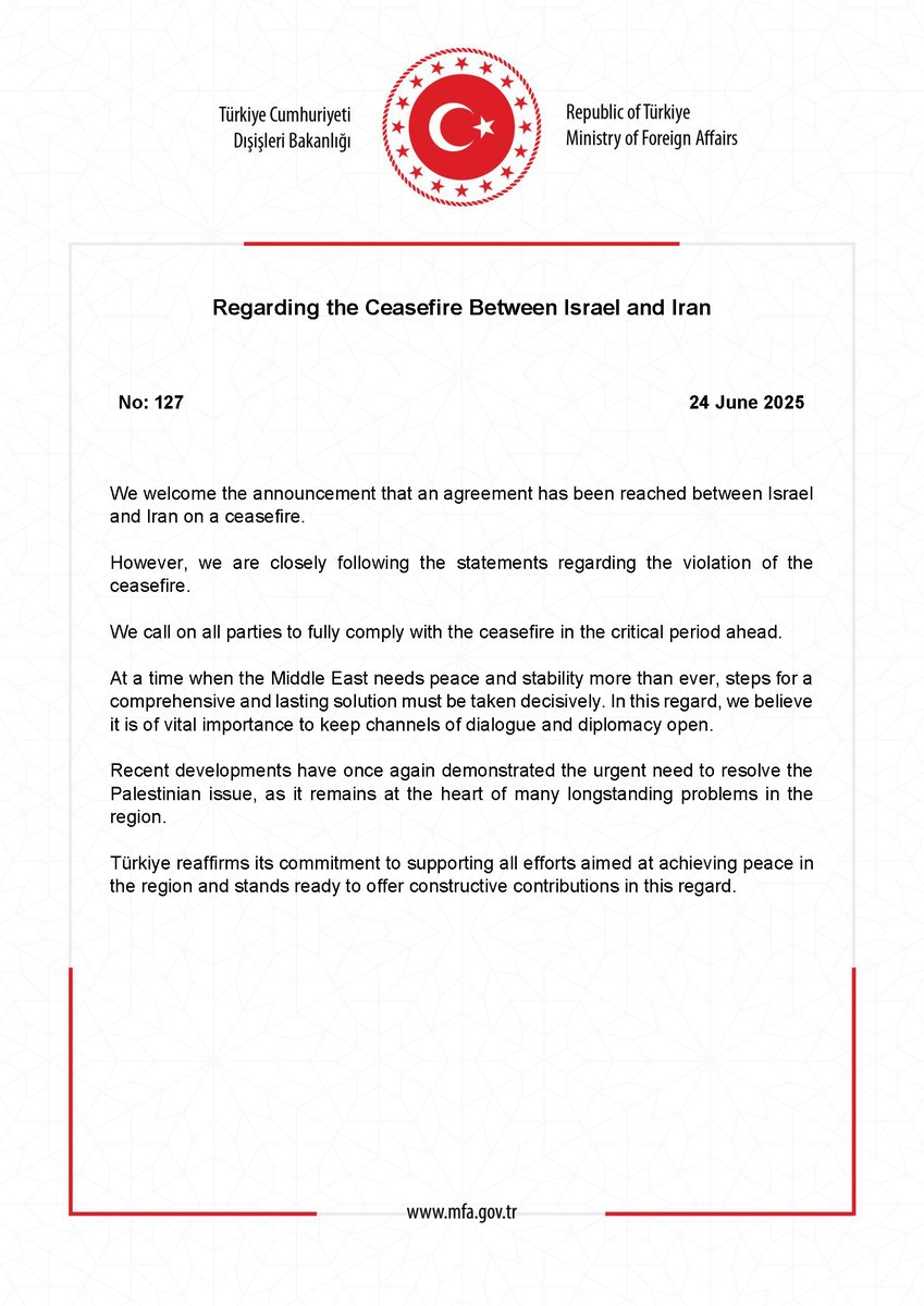 Regarding the Ceasefire Between Israel and Iran mfa.gov.tr/no_-127_-israi…