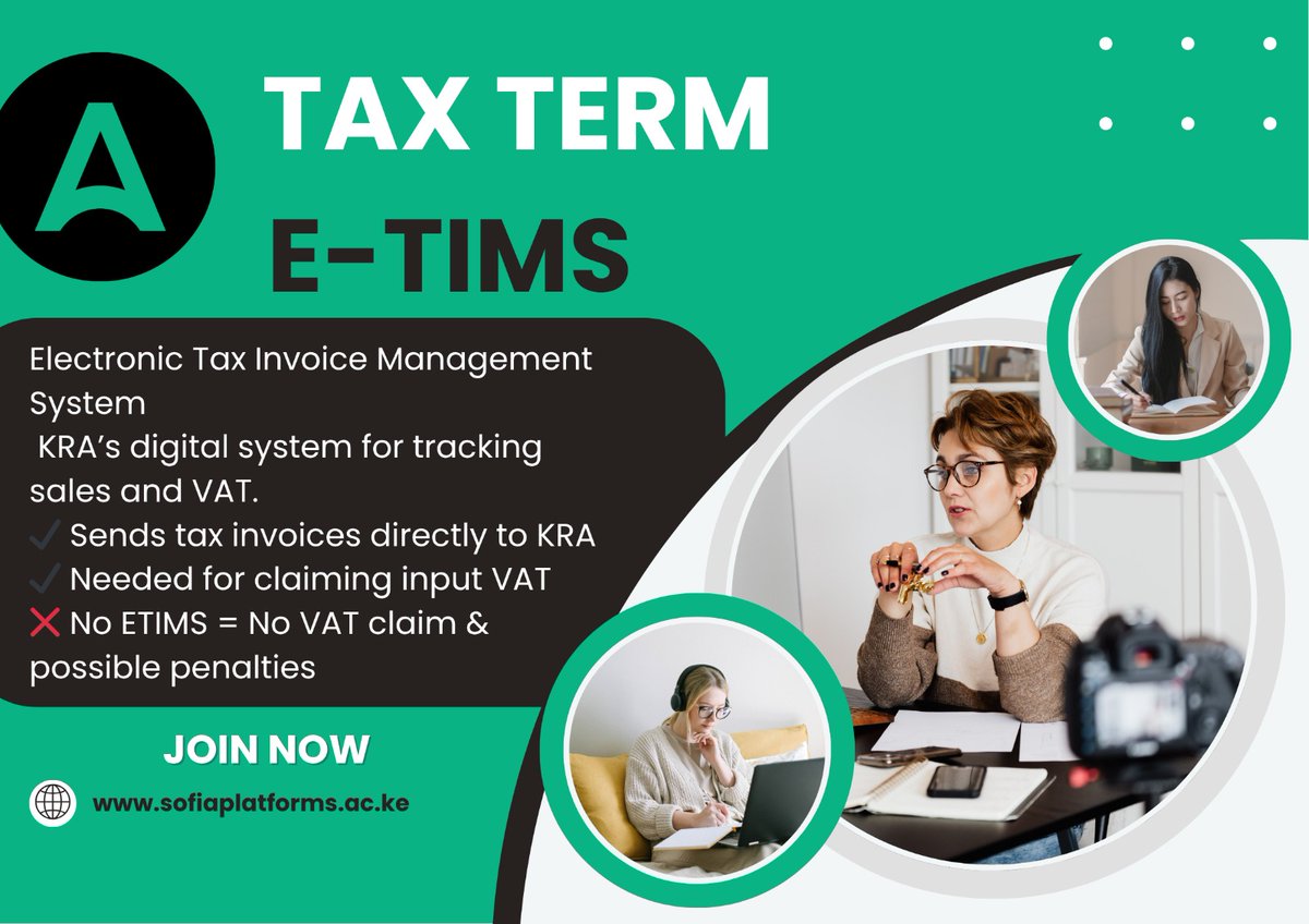 Sofiaplatforms's tweet photo. If your business is VAT-registered, understanding E-TIMS (Electronic Tax Invoice Management System) is no longer optional — it's essential.

Join us for our webinar this Thursday to learn more.
Register here https://t.co/F3um0EBMkk https://t.co/QSuyH7X3Gy