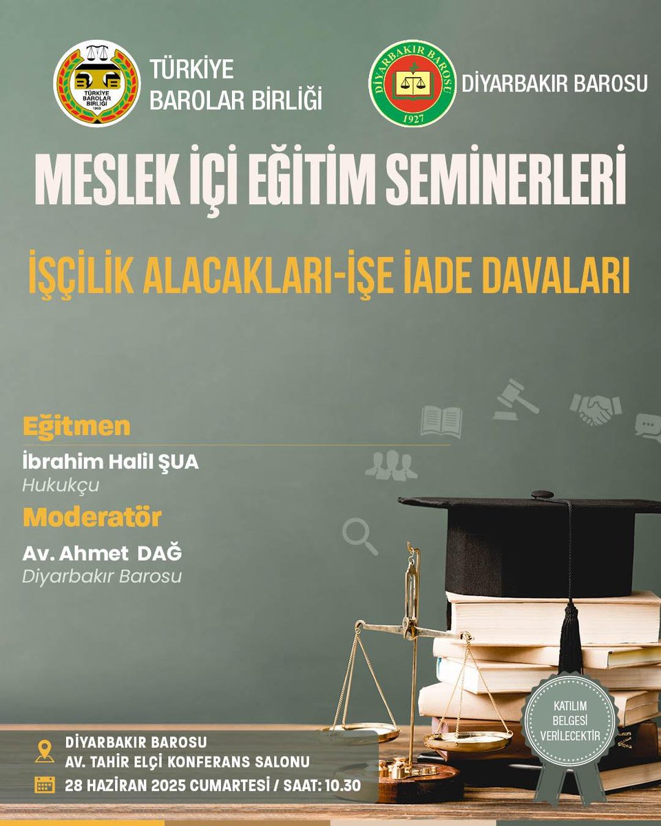 Baromuz ve TBB Eğitim Merkezince organize edilen

 "İşçilik Alacakları – İşe İade Davaları" başlıklı Meslek İçi Eğitimimiz, 

• İş Mahkemesi Emekli Hakimi İbrahim Halil Şua’nın katılımıyla,
 
• Av. Ahmet Dağ'ın moderatörlüğünde,

📌Tahir Elçi Konferans Salonu’nda

📆28 Haziran