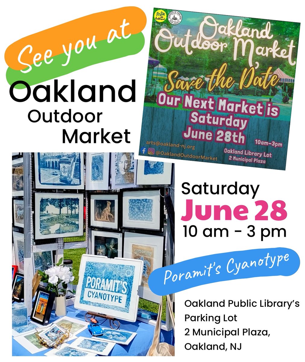 Pixibition's tweet photo. 😎 See you this Saturday June 28 at "Oakland Outdoor Market" 10am - 3pm where my cyanotype artwork will be on display and for sale. 
🖼️ Various art &amp; craft vendors from local artisans.
📌 Location: Oakland Public, 2 Municipal Plaza, Oakland, NJ https://t.co/dvXjEwsnFC