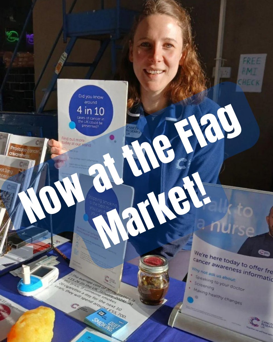 📢 Cancer Research UK are at Preston Flag Market this Thursday.  

Drop in for a range of free healthcare checks such as BMI testing, Smokelyzer testing, and waist measuring   

❤️ Helping you choose a healthy lifestyle and reduce the risk of cancer  
⏰ 10am - 4pm