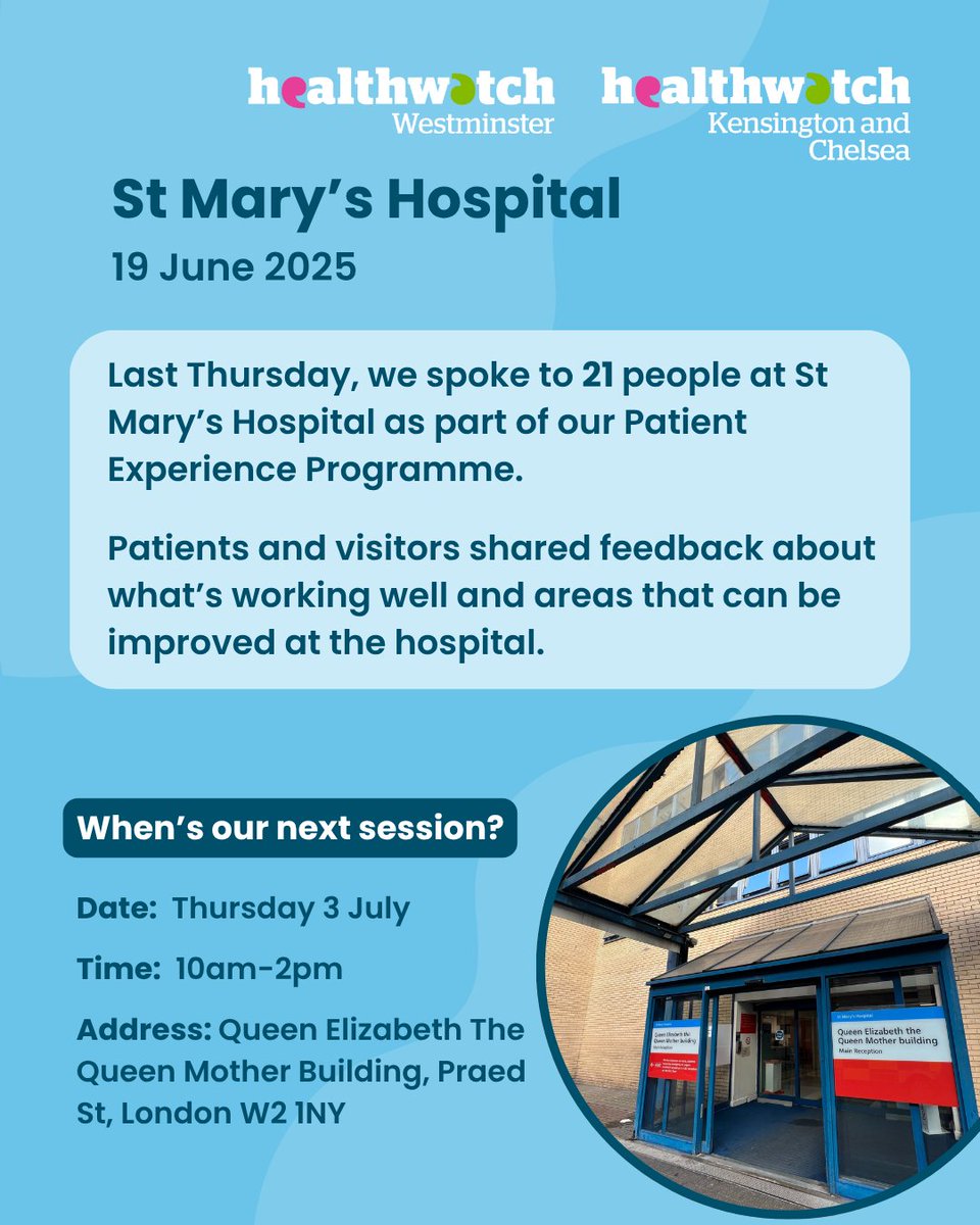 On 19 June, we visited St Mary's Hospital to carry out our Patient Experience Programme. In total, 21 people shared with us their feedback about the hospital.

Our next session will take place on Thursday 3 July, see you there!