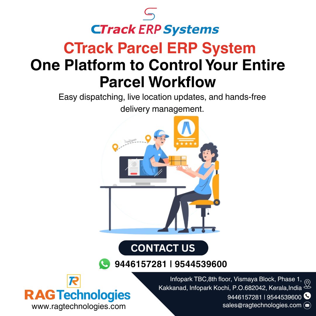 XRagTech's tweet photo. Simplify your parcel operations with CTrack Parcel ERP System – real-time tracking, easy dispatching, and seamless delivery management in one powerful platform!

Contact us: 📞9446157281 | 9544539600

#ragtechnologies #softwarecompany #bestsoftwarecompanyinkochi #parcelsoftware https://t.co/RnGAYFcFBC