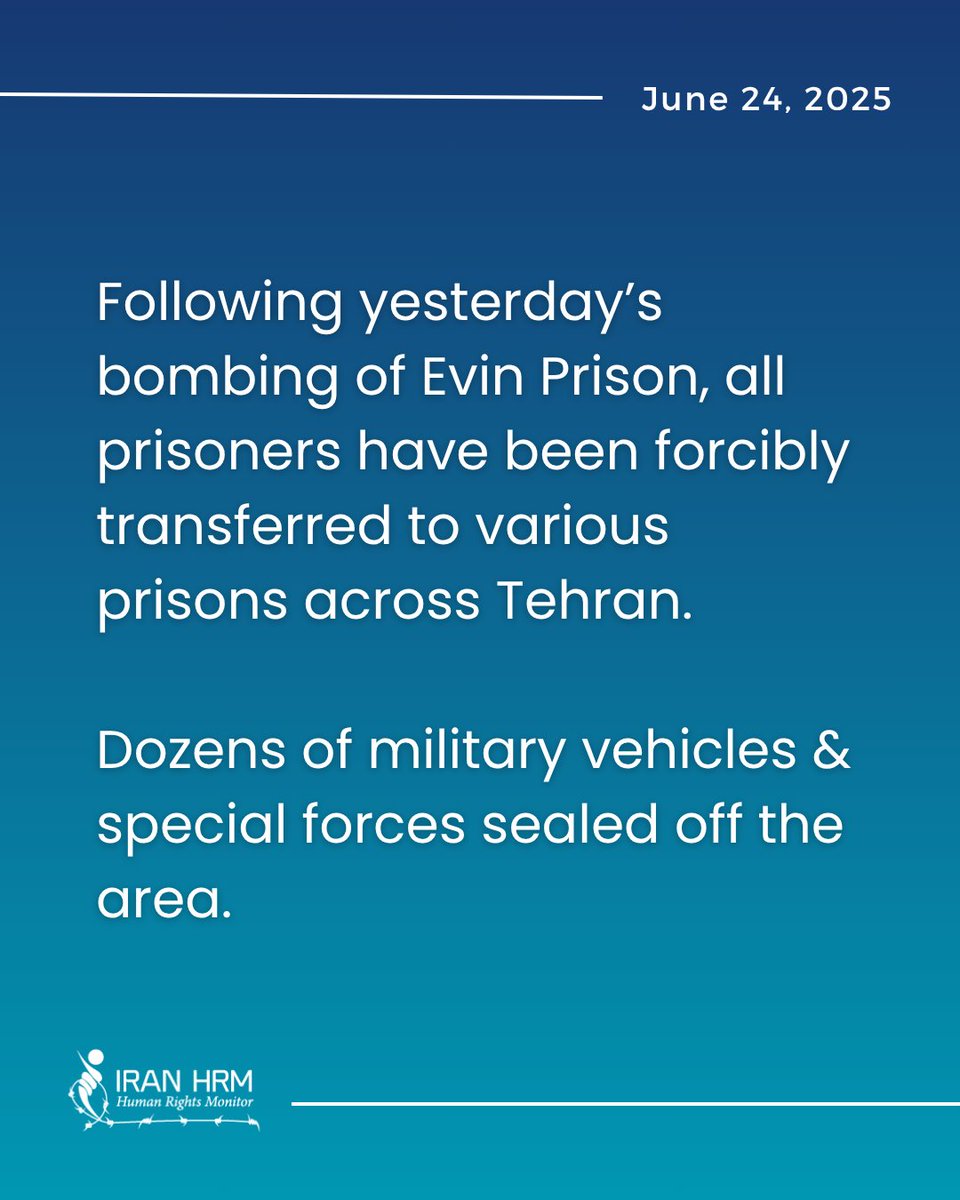 Following yesterday’s bombing of Evin Prison, all prisoners have been forcibly transferred to various prisons across Tehran.
Dozens of military vehicles &amp; special forces sealed off the area. Families were left in the dark. 
#FreeIranPoliticalPrisoners