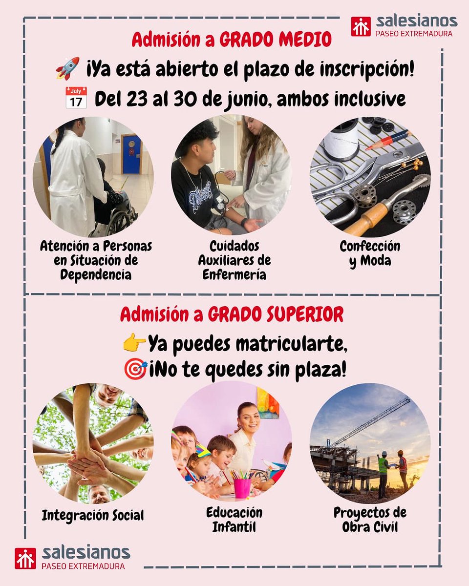 Ya están en proceso las admisiones de FP en Grado Medio y Superior.
¡No te quedes sin plaza!