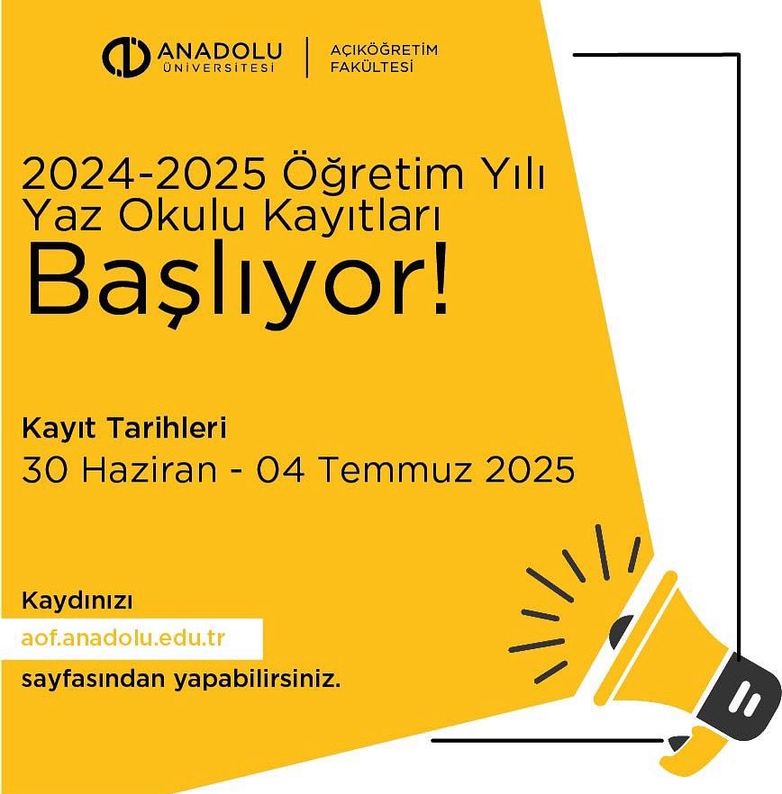 📢2024-2025 Öğretim Yılı Yaz Okulu kayıtları başlıyor!

30 Haziran 2025 Pazartesi günü başlayacak, 04 Temmuz 2025 Cuma günü sona erecektir.

Detaylı bilgi için: ana.do/5y7

#AnadoluÜniversitesi #AçıköğretimSistemi #AÖS #Kayıt #YazOkulu