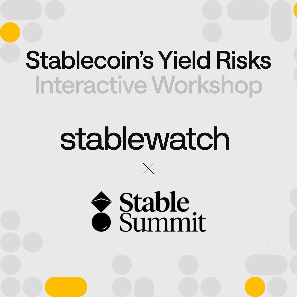 stablewatch (@stablewatchhq) on Twitter photo Stablewatch Gamified Workshop at <a href="/stable_summit/">Stable Summit 🦫</a>
Ever wondered what risks come with launching a stablecoin? Join us for a hands-on, gamified workshop that simulates the real challenges of building a YBS.
🗓️ June 28, 3PM-5PM
📍 Cannes, Stable Summit
Register below ⤵️ Stablewatch Gamified Workshop at <a href="/stable_summit/">Stable Summit 🦫</a>
Ever wondered what risks come with launching a stablecoin? Join us for a hands-on, gamified workshop that simulates the real challenges of building a YBS.
🗓️ June 28, 3PM-5PM
📍 Cannes, Stable Summit
Register below ⤵️
