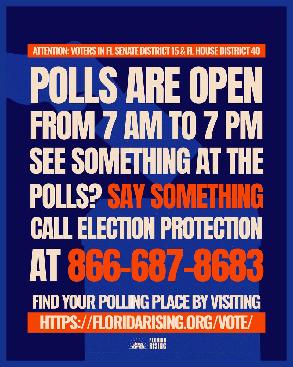 Today is your LAST day to cast your vote in the special elections for FL Senate District 15 and FL House District 40. 

Visit ocfelections.com/SD15Election to check acceptable forms of ID and find your #ElectionDay polling location.