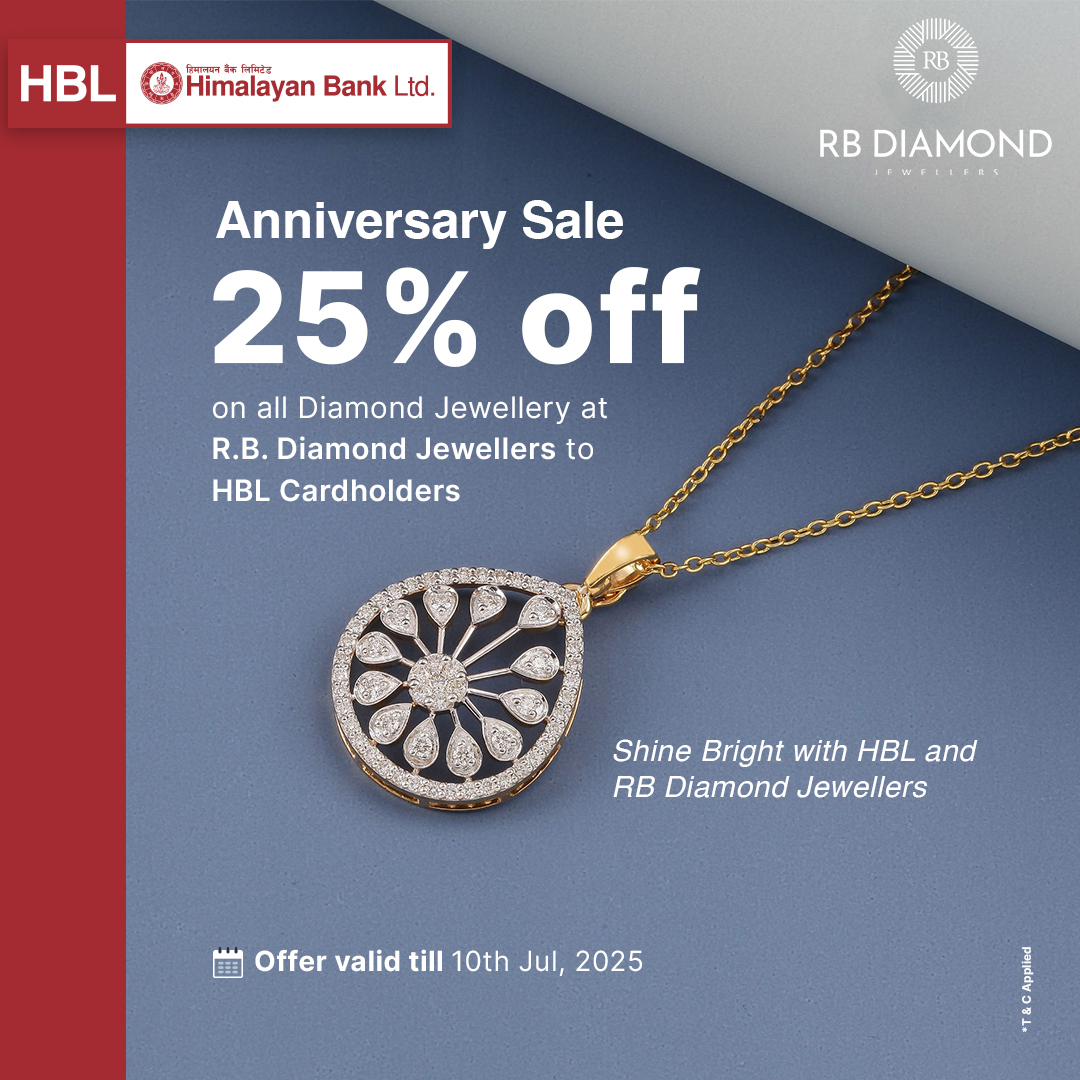 Celebrate the sparkle!
Enjoy special discount at RB Diamond Jewellers, exclusively for HBL Cardholders during their Anniversary.

#HimalayanBank #RBDiamond #HBLCardOffers