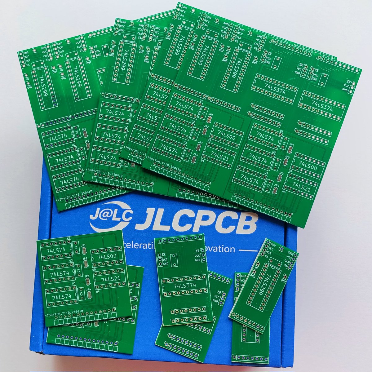 matseng's tweet image. I can't really complain when I get 10 each of 3 different smaller PCBs made, taxed and shipped to me across the world in 14 days for $4.38 in total. Ok, I have to separate them myself, but at 0.8mm thickness just a few scores with a box cutter makes them breakable. @JLCPCB