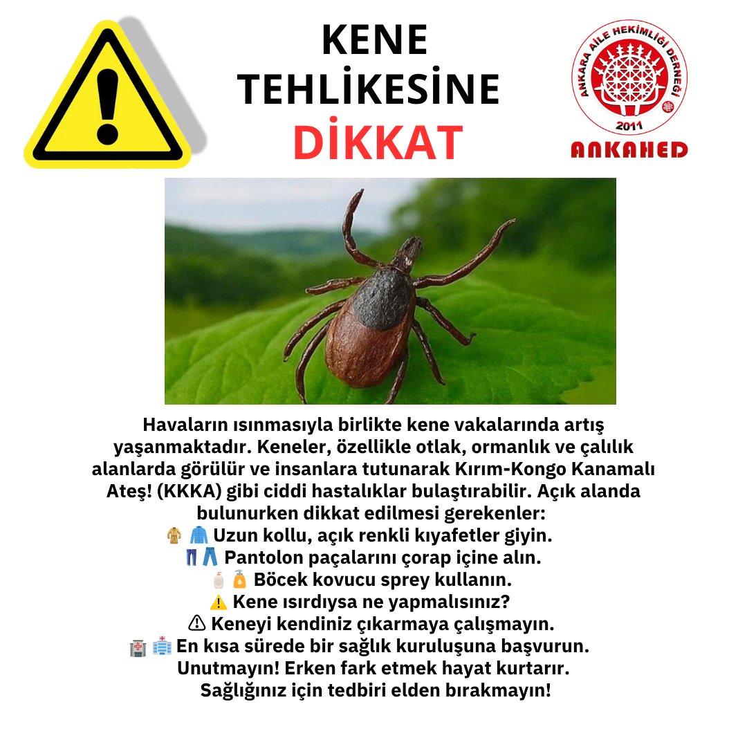 KENEYE DİKKAT! | FARKINDAYIZ, KORUNUYORUZ!
    Yaz aylarının gelmesiyle birlikte kene vakalarında artış yaşanıyor. Kırım Kongo Kanamalı Ateşi (KKKA) gibi ciddi hastalıklara yol açabilen kenelere karşı doğru bilgi ve koruyucu önlem hayat kurtarır.
<a href="/AHEF2008/">AHEF</a> <a href="/saglikbakanligi/">T.C. Sağlık Bakanlığı</a>