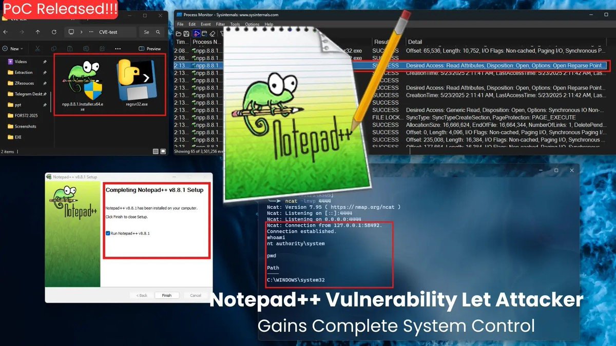 techpio_team's tweet image. ⚠️ New Notepad++ Flaw (CVE-2025-49144)
A critical installer bug in v8.8.1 allows SYSTEM-level access via binary planting.
💣 PoC released — patch now to v8.8.2!
🔗 Read more: cybersecuritynews.com/notepad-vulner…
#CyberSecurity #NotepadPlusPlus #CVE202549144 #PrivilegeEscalation #technews