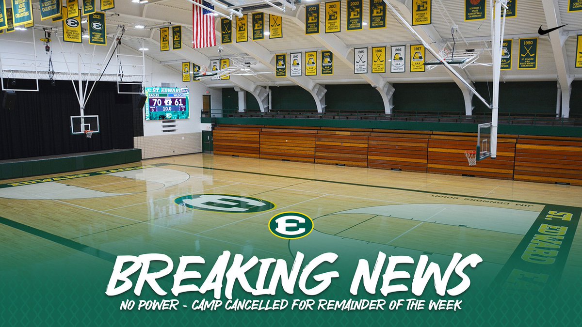 🚨 Due to ongoing power outages at St. Edward, camp is cancelled for the remainder of the week. All high school basketball activities are also cancelled for today.
Further info will be shared soon regarding camp refunds or alternative camp options.Thanks for your understanding.
