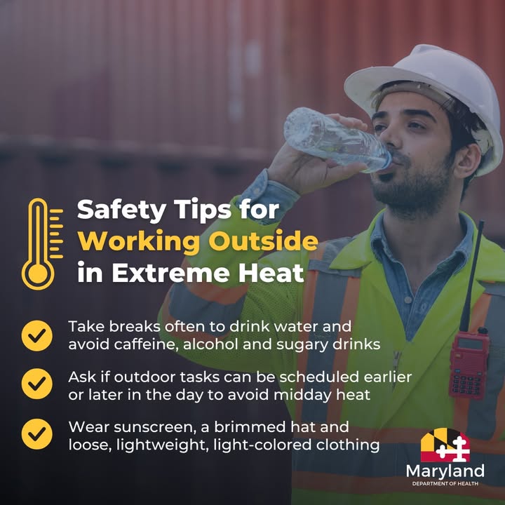 MDHealthDept's tweet image. If you must work outside in extreme heat, follow tips to stay safe:
💧Drink plenty of water before starting work.
⚠️If you feel dizzy, nauseous or have a headache, stop working immediately and find a cool place to rest.
Learn more heat safety tips: health.maryland.gov/heat