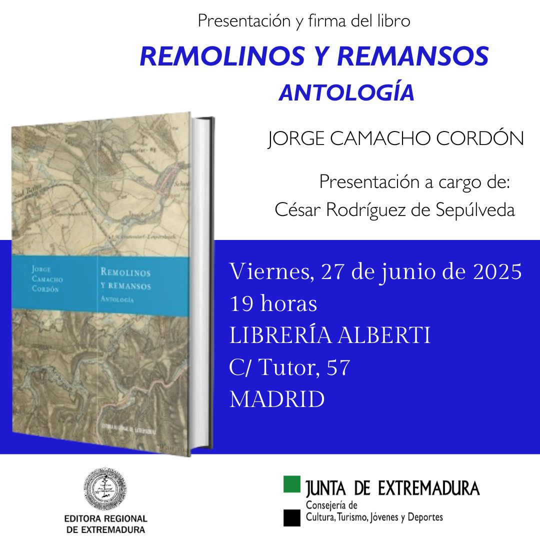 Si estás el viernes por Madrid no te puedes perder la presentación de 'Remolinos y remansos', la antología poética de Jorge Camacho Cordón. Será en Librería Alberti, en la calle del Tutor, 57 de Madrid. El autor conversará con César Rodríguez de Sepúlveda. Os esperamos