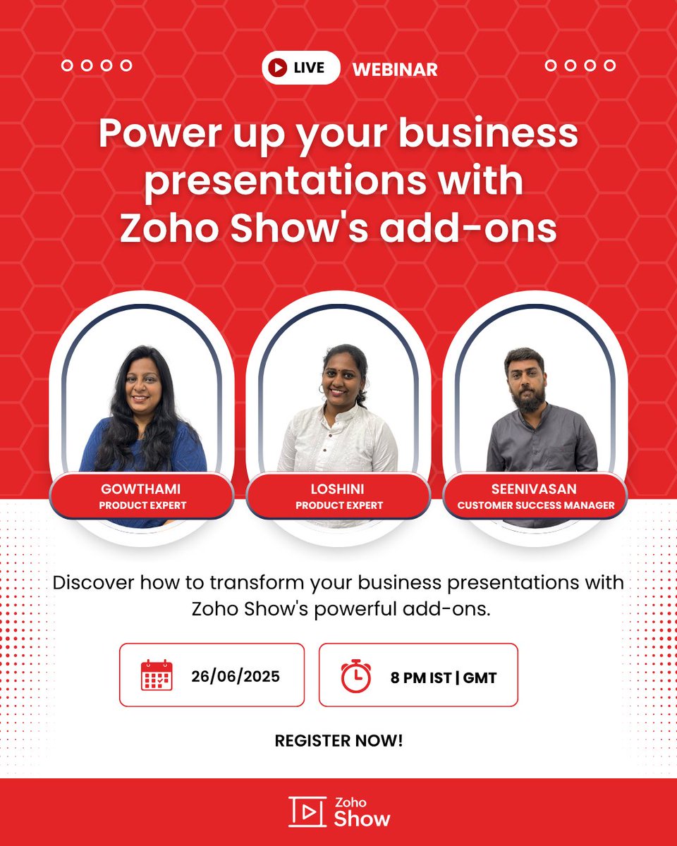 ZohoShow's tweet image. Discover how to transform your business presentations with Zoho Show's powerful add-ons. Join us to learn how Show's add-ons can help you create smarter, more engaging presentations that capture attention and drive impact.
Register now 👉zoho.to/addon-webinar