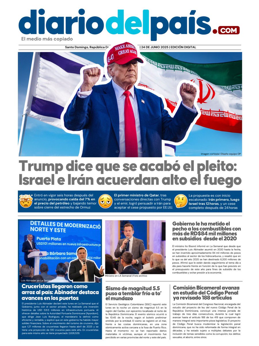 Mientras el mundo respira tras el alto el fuego entre Israel e Irán, en RD tembló la tierra, los cruceristas llegaron como arroz, y el Gobierno sigue metiéndole el pecho al combustible. Todo esto… ¡y apenas es martes!
