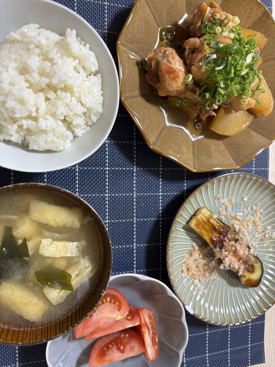 710sne's tweet photo. しれーっと久しぶりに投稿してみる！やっぱり緑があると映えますね☺️炊飯器で美味しくできました！
#大根と手羽元のトロトロ煮
#焼きナス
#お家ご飯
#さーちゃんメシ
#炊飯器レシピ https://t.co/ghw7G54P3i
