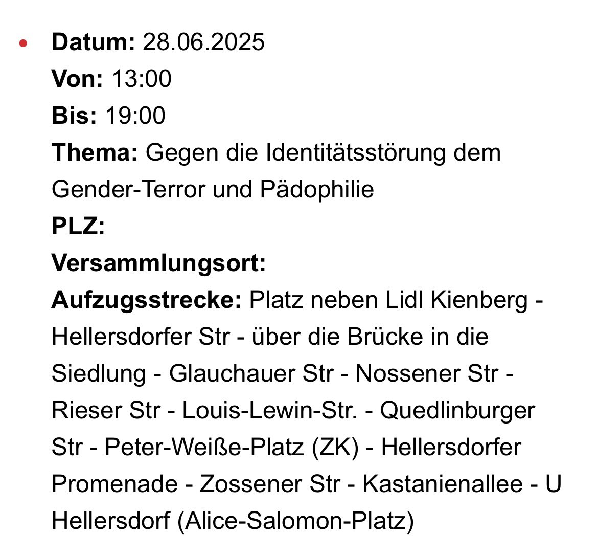 🔴 Anti-Queere Nazi-Demo in #Hellersdorf am Samstag, 28.06. 🔴

Nazis (vmtl. „Aktionsbündnis Berlin“) wollen in Hellersdorf gegen Queeres Leben demonstrieren.
#b2806