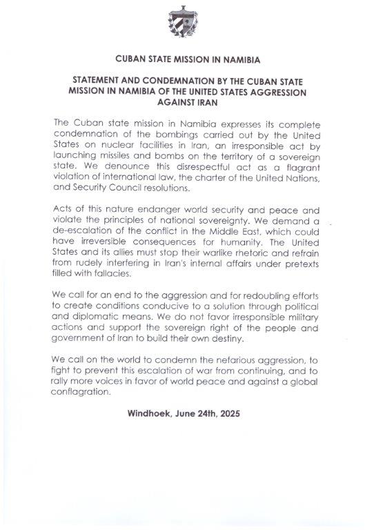 svigoa1 (@svigoa1) on Twitter photo We condemn direct aggression of #EEUU against #Iran🇮🇷.
It is a criminal, irresponsible, and violation act of international law of incalculable consequences. <a href="/NamPresidency/">Namibian Presidency</a> <a href="/PresidenciaCuba/">Presidencia Cuba 🇨🇺</a> <a href="/CubaMINREX/">Cancillería de Cuba</a> We condemn direct aggression of #EEUU against #Iran🇮🇷.
It is a criminal, irresponsible, and violation act of international law of incalculable consequences. <a href="/NamPresidency/">Namibian Presidency</a> <a href="/PresidenciaCuba/">Presidencia Cuba 🇨🇺</a> <a href="/CubaMINREX/">Cancillería de Cuba</a>