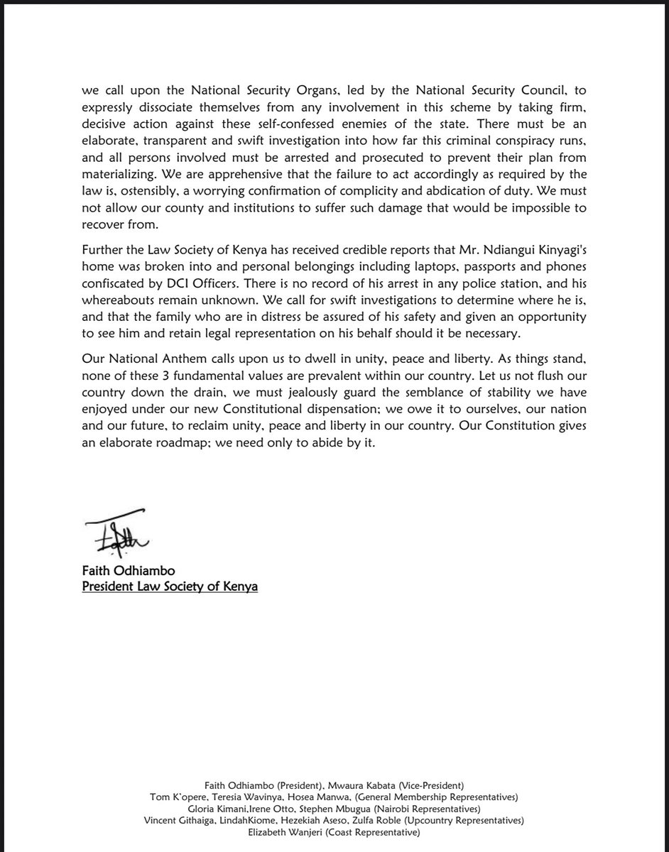 Law Society of Kenya (@lawsocietyofke) on Twitter photo STATEMENT OF THE LAW SOCIETY OF KENYA ON AN ALLEGED POLITICALLY-SANCTIONED PLOT TO INSTIGATE ARMED VIOLENCE AGAINST PROTESTORS
#June25 #June25 <a href="/KTNNewsKE/">KTN News</a> <a href="/citizentvkenya/">Citizen TV Kenya</a> <a href="/KBCChannel1/">KBC Channel 1 News</a> <a href="/K24Tv/">K24 TV</a> <a href="/ntvkenya/">NTV Kenya</a> <a href="/tv47news/">TV47</a> <a href="/westtv_kenya/">West Tv Kenya</a> STATEMENT OF THE LAW SOCIETY OF KENYA ON AN ALLEGED POLITICALLY-SANCTIONED PLOT TO INSTIGATE ARMED VIOLENCE AGAINST PROTESTORS
#June25 #June25 <a href="/KTNNewsKE/">KTN News</a> <a href="/citizentvkenya/">Citizen TV Kenya</a> <a href="/KBCChannel1/">KBC Channel 1 News</a> <a href="/K24Tv/">K24 TV</a> <a href="/ntvkenya/">NTV Kenya</a> <a href="/tv47news/">TV47</a> <a href="/westtv_kenya/">West Tv Kenya</a>