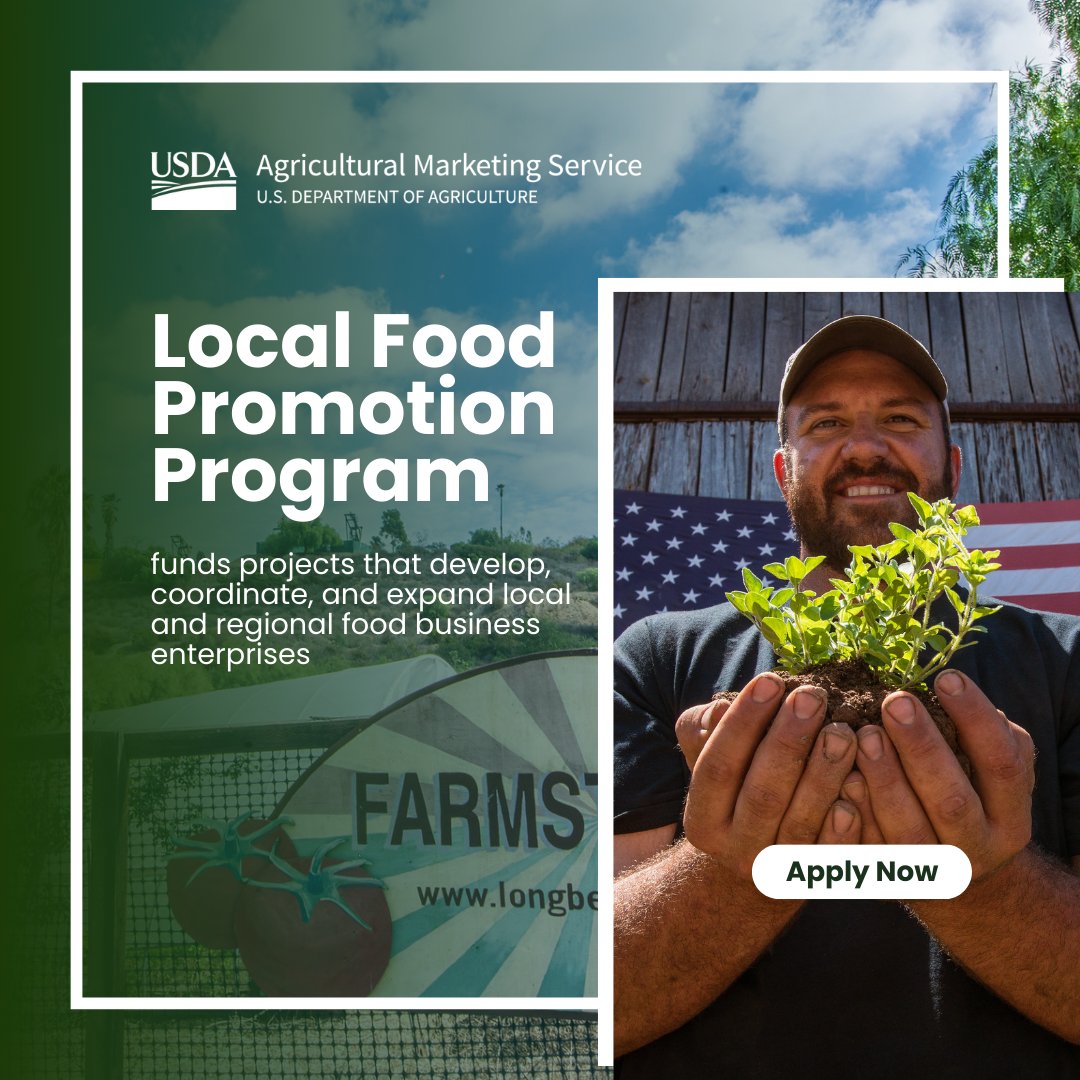 Apply today for the #USDA Local Food Promotion Program! Grants support local &amp; regional food business enterprises that engage as intermediaries in indirect producer to consumer marketing. Apply by: June 27th. 
bit.ly/43COCkB