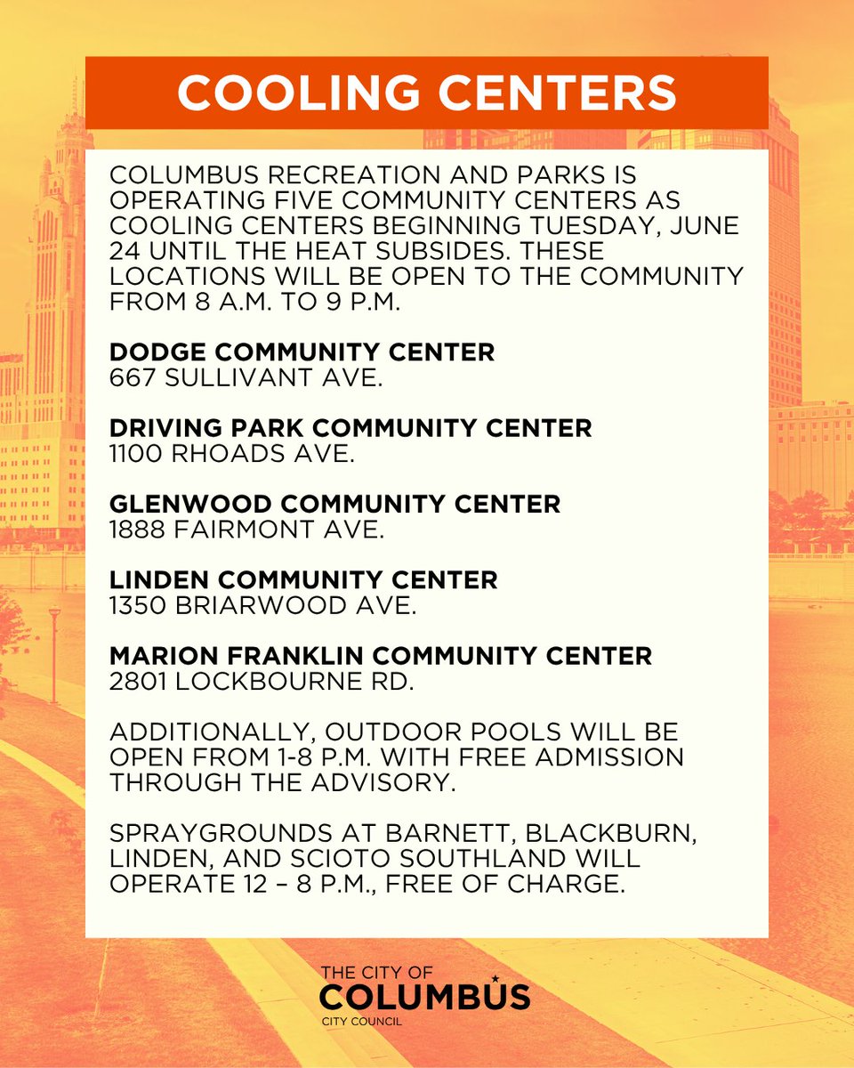 Starting today, new cooling centers are open across Columbus. Five community centers will now serve as cooling sites from morning to evening, with free access to outdoor pools and spraygrounds continuing throughout the heat advisory. Stay cool and look out for one another.