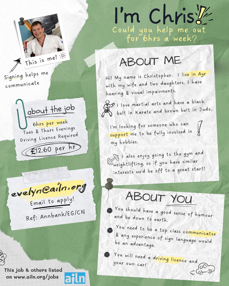 🥋 Chris in Ayr needs a support worker 6hrs/week (Tues &amp; Thurs eves) to help with hobbies like martial arts &amp; the gym! £12.60/hr. Must drive &amp; be a great communicator. Sign language a bonus!
📧 Apply: evelyn@ailn.org | Ref: Annbank/EG/CN
🌐 ailn.org/jobs
<a href="/CEISAyrshire/">CEISAyrshire</a>
