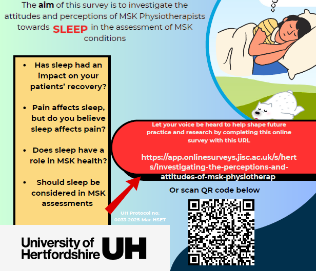 MACP (@physiomacp) on Twitter photo 5 more survey respondents needed please before Friday! Please support this MSc Research: Investigating the attitudes and perceptions of MSK physiotherapists towards sleep in the assessment of MSK conditions. app.onlinesurveys.jisc.ac.uk/s/herts/invest……
<a href="/SushmaT14x/">Sushma Thapa Sundsdal</a> <a href="/UH_PG_Physio/">Uni Herts Post Grad Physio</a> 5 more survey respondents needed please before Friday! Please support this MSc Research: Investigating the attitudes and perceptions of MSK physiotherapists towards sleep in the assessment of MSK conditions. app.onlinesurveys.jisc.ac.uk/s/herts/invest……
<a href="/SushmaT14x/">Sushma Thapa Sundsdal</a> <a href="/UH_PG_Physio/">Uni Herts Post Grad Physio</a>