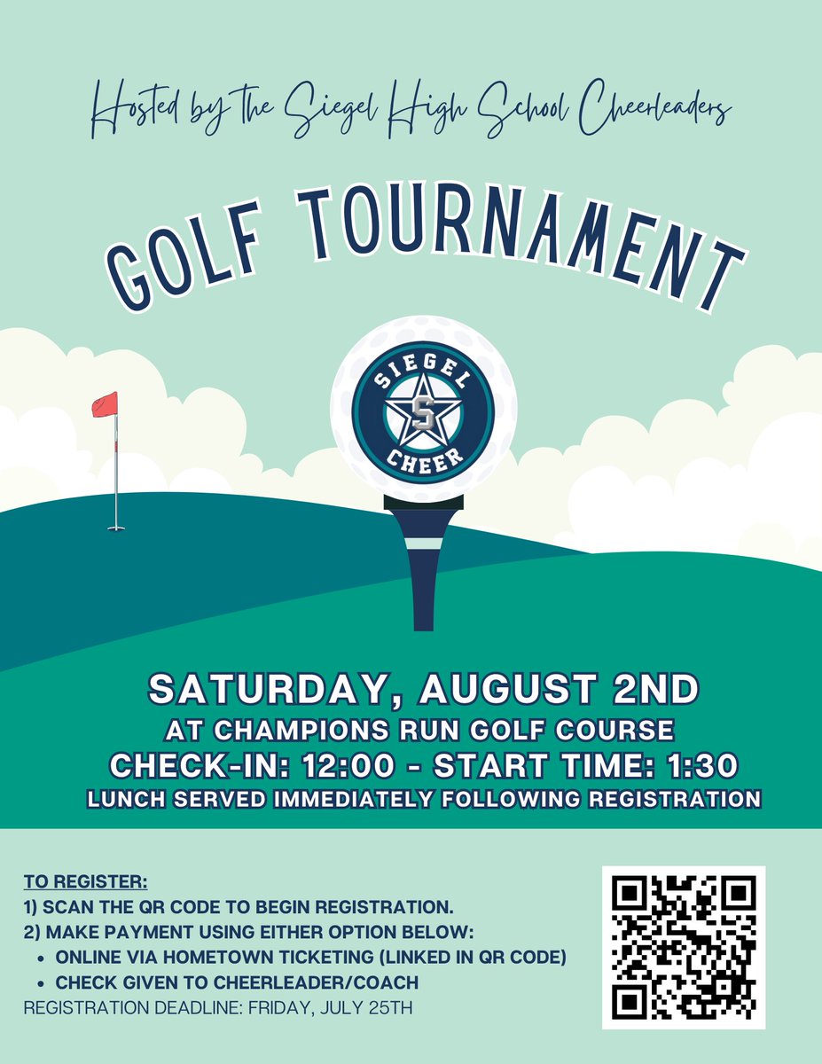 ⛳️ Our 3rd annual Siegel Cheer Golf Tournament will take place on Saturday, August 2nd at Champions Run Golf Course. Check-in time is 12:00pm and start time is 1:30pm. Lunch will be provided immediately following registration &amp; range balls are provided.
We hope you will join us!