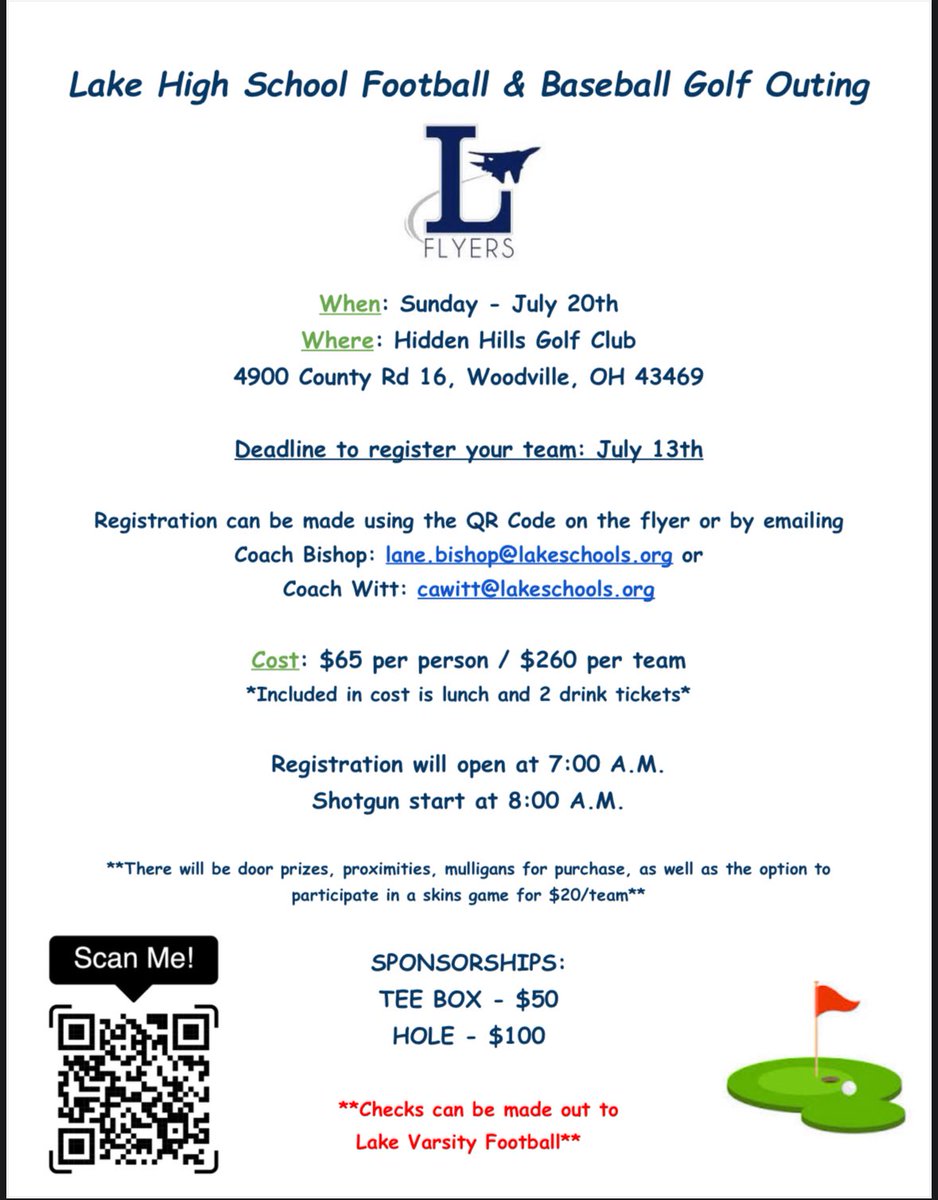 Lake Flyers Baseball (@flyerhardball) on Twitter photo Come out and support our baseball and football programs! Reach out to Coach Witt or Coach Bishop with questions.
<a href="/Lake_Flyers_FB/">Lake Flyers Football</a> <a href="/LakeAthletics_/">Lake Flyer Athletics</a> Come out and support our baseball and football programs! Reach out to Coach Witt or Coach Bishop with questions.
<a href="/Lake_Flyers_FB/">Lake Flyers Football</a> <a href="/LakeAthletics_/">Lake Flyer Athletics</a>