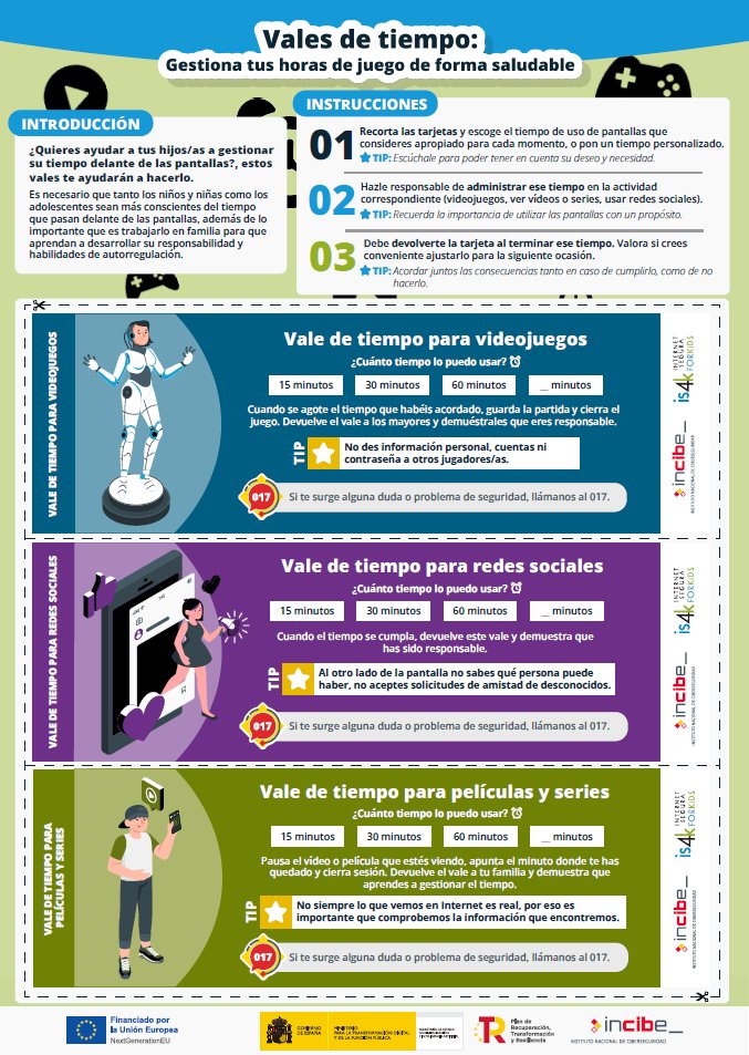 ¿Quieres ayudar a tus hijos/as a gestionar su tiempo 🕑 delante de las pantallas durante este verano 🏖️? 

Descarga nuestros vales de tiempo y canjéalos con ellos para que hagan un uso #seguro 🛡️ y responsable de los #dispositivos 📱.

 incibe.es/menores/recurs…

#VeranoCiberseguro