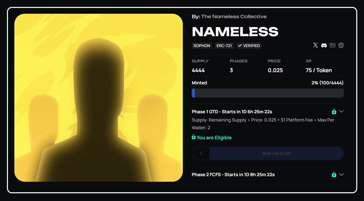 bewise0's tweet photo. .@thenamelessnft mints tomorrow…  BIG day for the whole @sophon ecosystem

- 1st NFT collection on sophon
- Incubated by sophon canvas
- 4,444 supply (2% vault)
- 0.025eth, 2 per wallet (eth on sophon)
- GTD starts 25th, 4pm UTC (2 hours)
- Secondary trading begins after sell out

Wallet Checker:
https://t.co/ios54rzPEu

Bridge Eth to Sophon:

1. Add Sophon Network to MetaMask
- Network Name: Sophon
- RPC URL: https://t.co/6ek1xJO6qu
- Chain ID: 50104
- Currency Symbol: SOPH
- Block Explorer: https://t.co/zbssbOX9R6

2. Bridge Eth to Sophon
https://t.co/nULnHQtNOM
I send over 0.06eth to cover 2x0.025 and some gas.

3. Import ETH on Sophon to MetaMask
- Import Token
- Network: Sophon
- Token contract address: 0x72af9F169B619D85A47Dfa8fefbCD39dE55c567D
- Token Symbol: ETH

We.Are.Nameless

Any issues, hit me up in the comments!