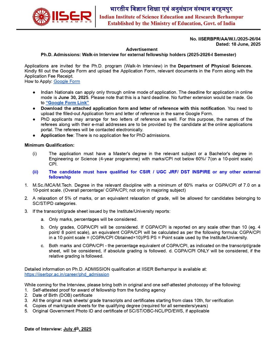 IISER_BERHAMPUR's tweet image. Department of Physical Sciences is inviting applications for walk-in interviewon 4th July 2025 #PhD #DPS #IISERBPR
iiserbpr.ac.in/webcontrol/upl…