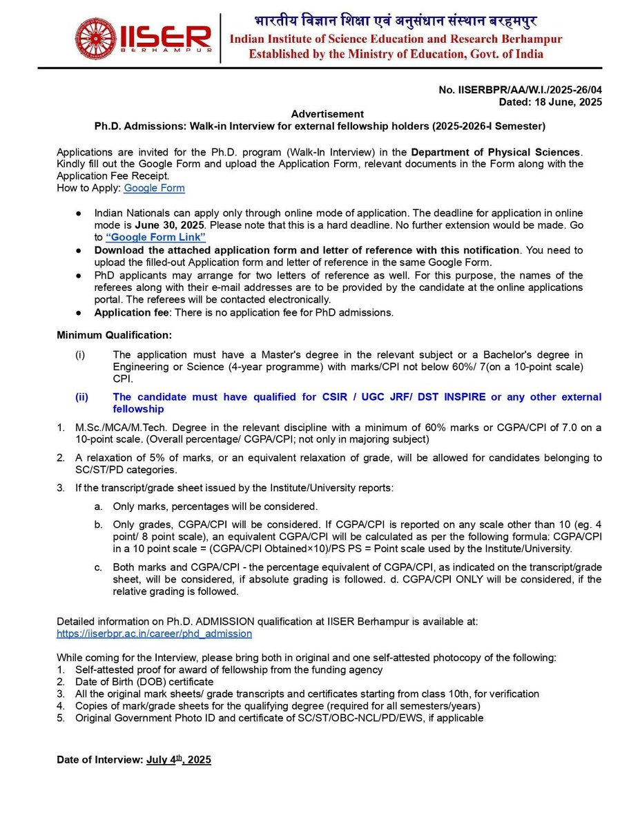 IISER_BERHAMPUR's tweet image. Department of Physical Sciences is inviting applications for walk-in interviewon 4th July 2025 #PhD #DPS #IISERBPR