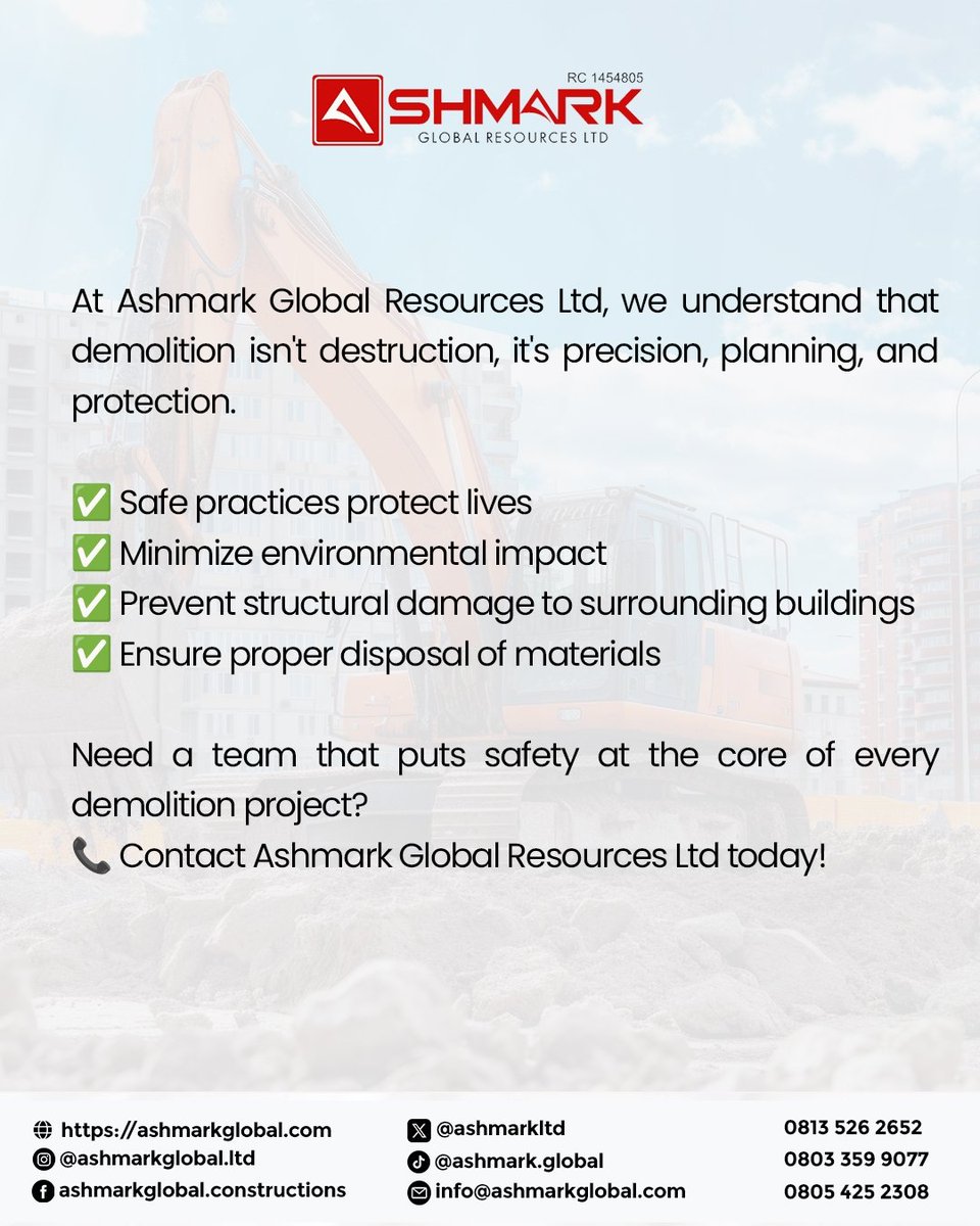 AshmarkLtd's tweet image. Demolition Done Right: Safety First! 🛑 At Ashmark Global Resources Ltd, we prioritize safety, sustainability &amp;amp; precision in every project. Contact us for reliable demolition services! 📞 #DemolitionExperts #SafetyFirst #AshmarkGlobalResources #SustainableDemolition