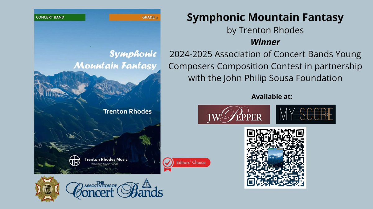 Premiered at ACB 2025, Symphonic Mountain Fantasy by Trenton Rhodes, winner of our 2024-25 Young Composers Composition Contest in partnership with the John Philip Sousa Foundation is available for sale through MyScore. #PeopleofACB #concertband jwpepper.com/symphonic-moun…