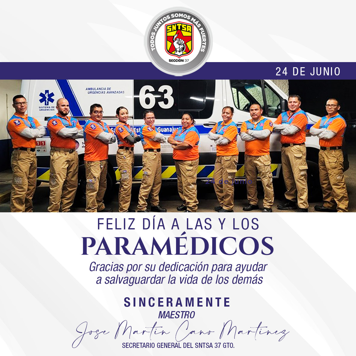 sntsa_37's tweet photo. 🚑👩⚕️👨⚕️ En el Día de las y los Paramédicos, el SNTSA Sección 37 reconoce con orgullo la labor incansable de quienes están siempre listos para responder, cuidar y salvar vidas. 🙌❤️🩹
#DíaDelParamédico #OrgulloQueInspira #TodosJuntosSomosMásFuertes https://t.co/EZq1HxIif5