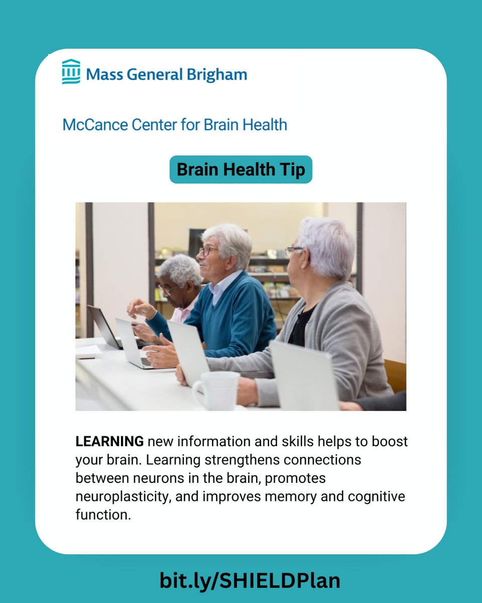 McCance Center for Brain Health at MGH (@mghbrainhealth) on Twitter photo Today’s brain-healthy lifestyle tip, for #Alzheimers & #Brain Awareness month, is LEARNING.
For more information about brain health, visit: bit.ly/SHIELDPlan.
#McCanceBrainDiscoveries <a href="/RudyTanzi/">Dr. Rudy Tanzi</a> Today’s brain-healthy lifestyle tip, for #Alzheimers & #Brain Awareness month, is LEARNING.
For more information about brain health, visit: bit.ly/SHIELDPlan.
#McCanceBrainDiscoveries <a href="/RudyTanzi/">Dr. Rudy Tanzi</a>
