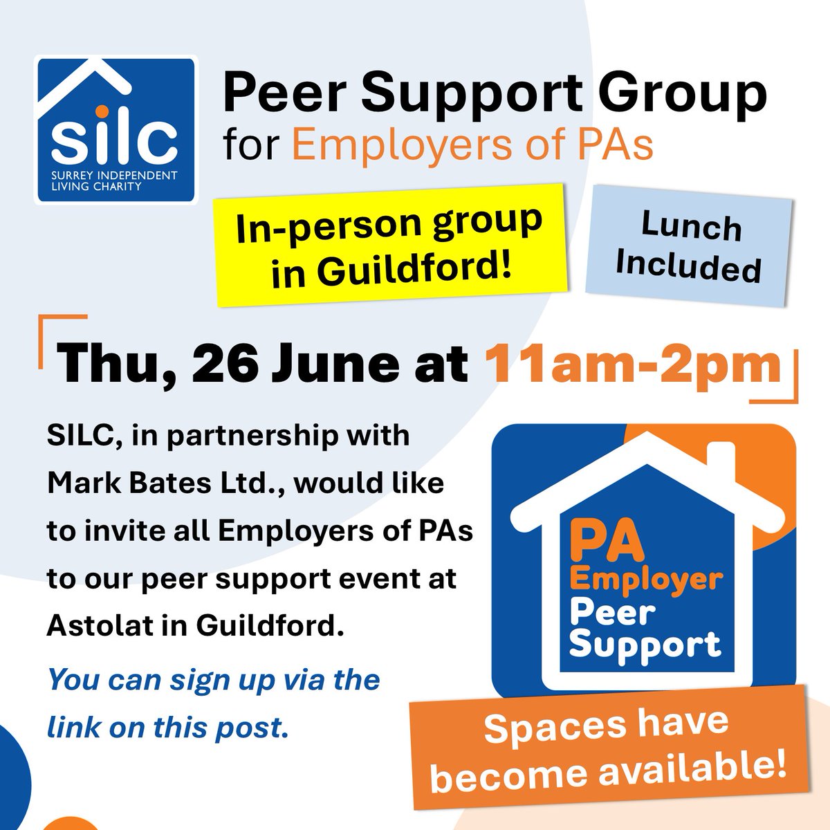 SPACES HAVE BECOME AVAILABLE! We've had a couple of cancellations for our in-person peer support event THIS THURSDAY, 11-2! You'll need to be quick to snap up a space! eventbrite.co.uk/e/1366038200029
#peersupport #independentliving #employersupport