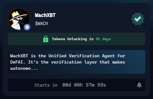 $WACH starts in 1 hour.

this time I have 80k points and I'm pledging everything.

summary of $WACH:

<a href="/WachXBT/">WachXBT- The DeFAI Vigilante</a> It's the verification layer that makes offline capital reliable. every DeFAI transaction is scanned in milliseconds.

&gt; 3M+ verifications completed
&gt; 600K+ bad tokens