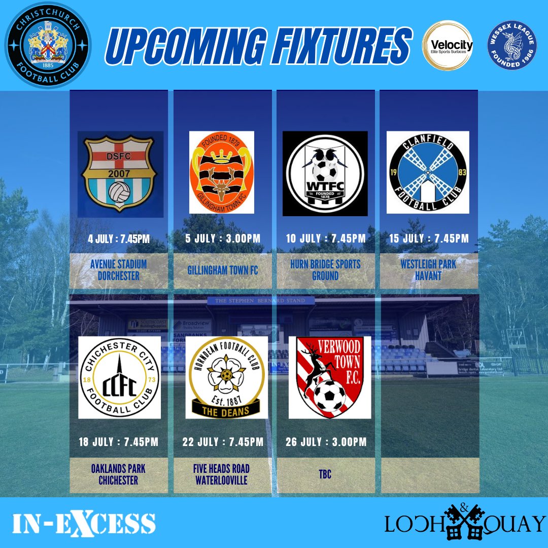 Christchurch FC (@christchurchfc_) on Twitter photo With Pre Season less than 2 weeks away now, check out our Upcoming Fixtures ⚽️
Let’s show the Management & Players our excellent support as we prepare for the start of the 2025/26 season 👏
#UpTheChurch
<a href="/WessexLeague/">Velocity Wessex League</a> <a href="/swsportsnews/">South West Sports News</a> With Pre Season less than 2 weeks away now, check out our Upcoming Fixtures ⚽️
Let’s show the Management & Players our excellent support as we prepare for the start of the 2025/26 season 👏
#UpTheChurch
<a href="/WessexLeague/">Velocity Wessex League</a> <a href="/swsportsnews/">South West Sports News</a>