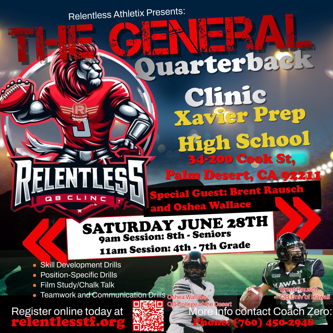 🚨 CALLING ALL QUARTERBACKS! 🚨 Elevate your game at "The General" Quarterback Clinic, brought to you by Relentless Athletix and hosted by the one and only Coach Zero! @coachzero36
This is your chance to dive deep into:
 * Position-Specific Drills
 * Film Study/Chalk Talk