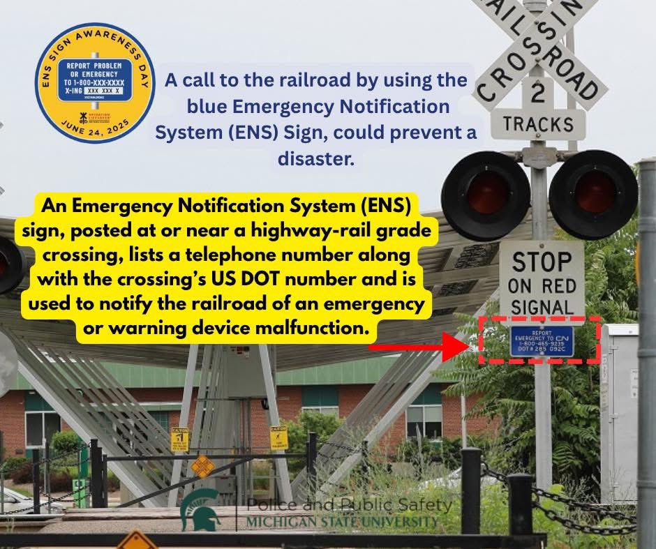 June 24 is the first-ever Emergency Notification System (ENS) Sign Awareness Day! Those small blue-and-white signs at railroad crossings could save your life.
 
See trouble on or near the train tracks? Safely find the ENS sign, call the number listed and provide the crossing ID.